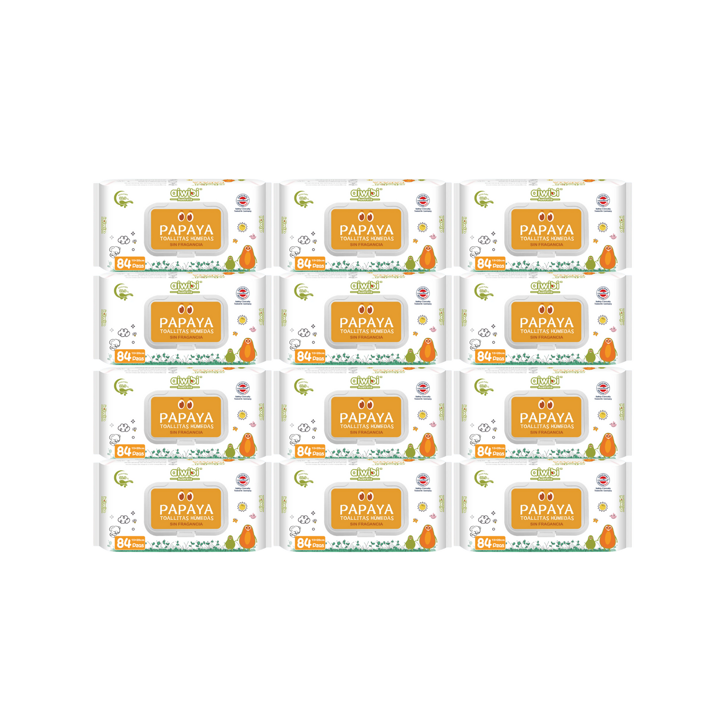 Caja 12 paquetes Toallitas Húmedas Aiwibi Papaya con Agua de Manantial.