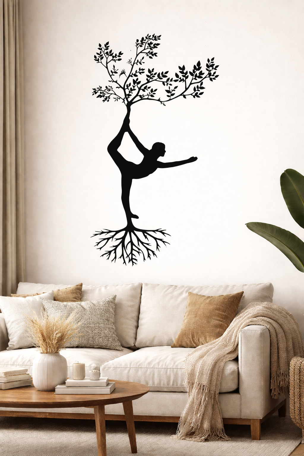 Cuadro Decorativo Mujer Yoga En Árbol Negro Mdf 59x31 Cm