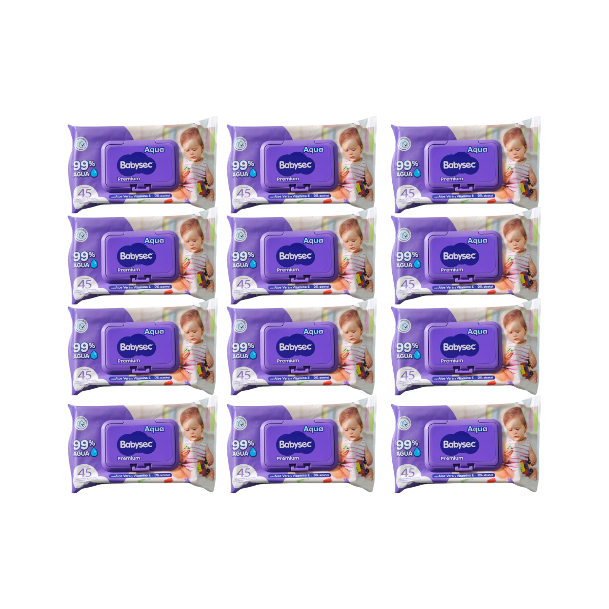 Pack 12 paquetes Toallitas Húmedas Babysec Hipoalergénicas Aloe Vera 45u por paquete.