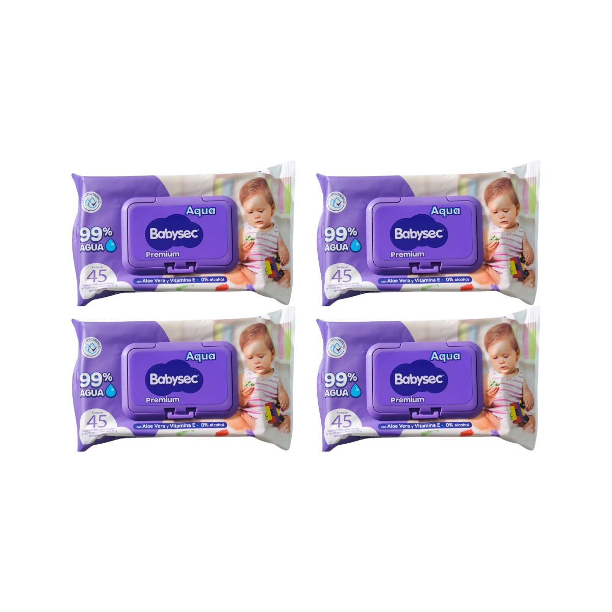 Pack 4 paquetes Toallitas Húmedas Babysec Hipoalergénicas Aloe Vera 45u por paquete.