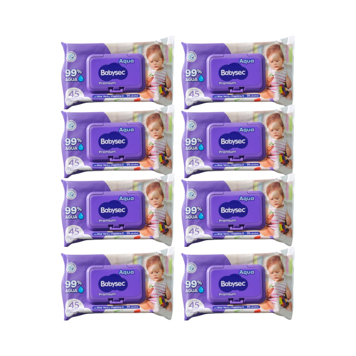 Pack 8 paquetes Toallitas Húmedas Babysec Hipoalergénicas Aloe Vera 45u por paquete.