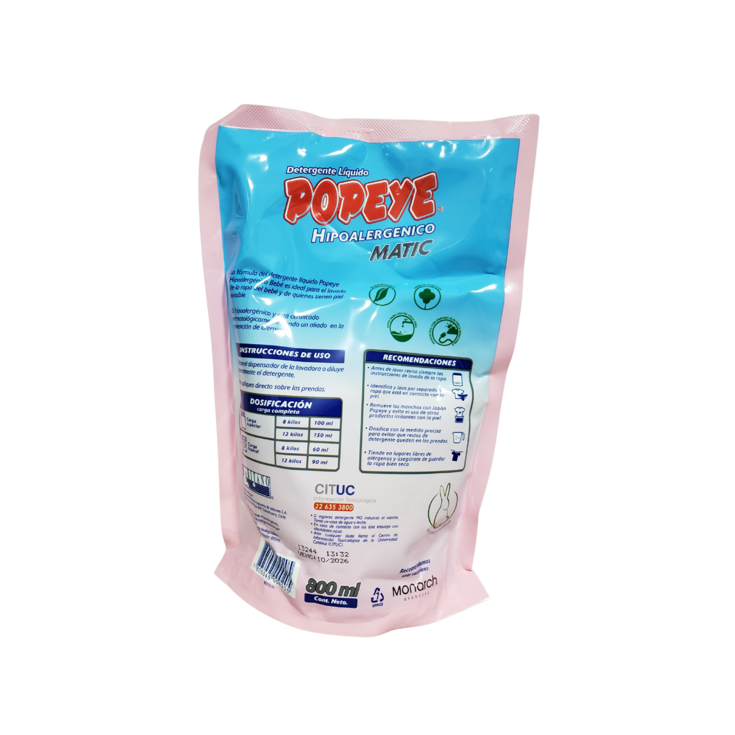 Detergente Líquido Popeye Hipoalergénico 800 ml
