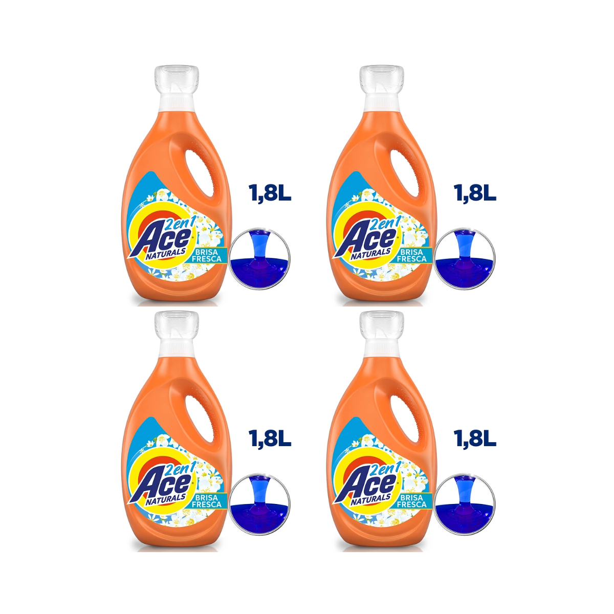 Pack 4 Detergentes Liquido Ace Natural 2 en 1 concentrado 1.8 lt cada uno.
