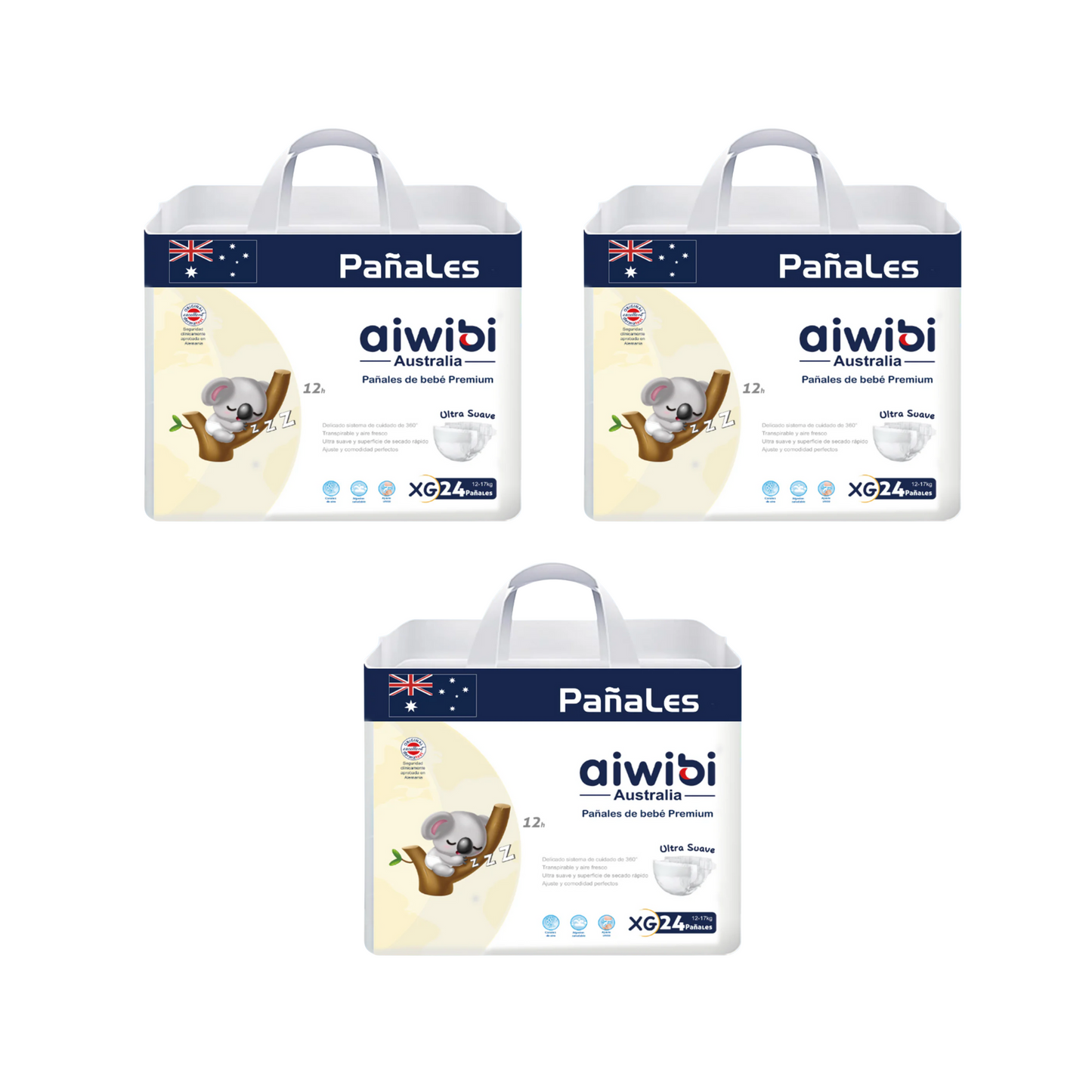 Pack 3 Pañales Premium Aiwibi Talla XG