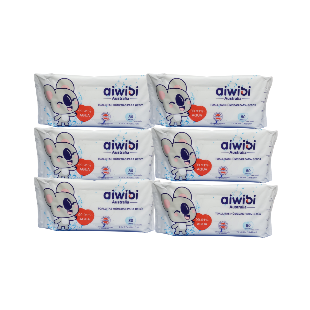Pack 6 toallitas húmedas Aiwibi 99,91% de agua