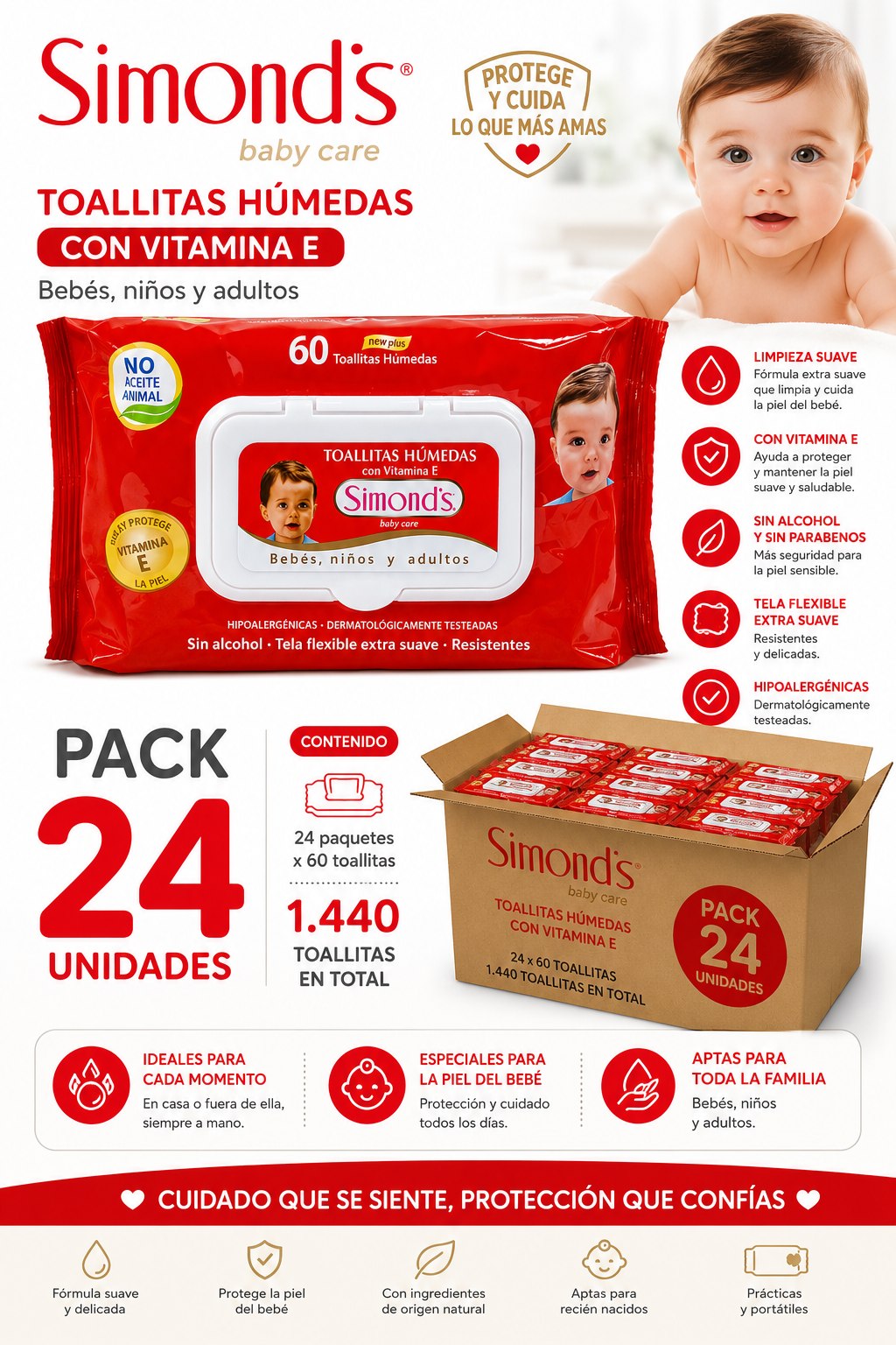 Toallitas Húmedas Simonds Baby Care 60un Hipoalergénicas.