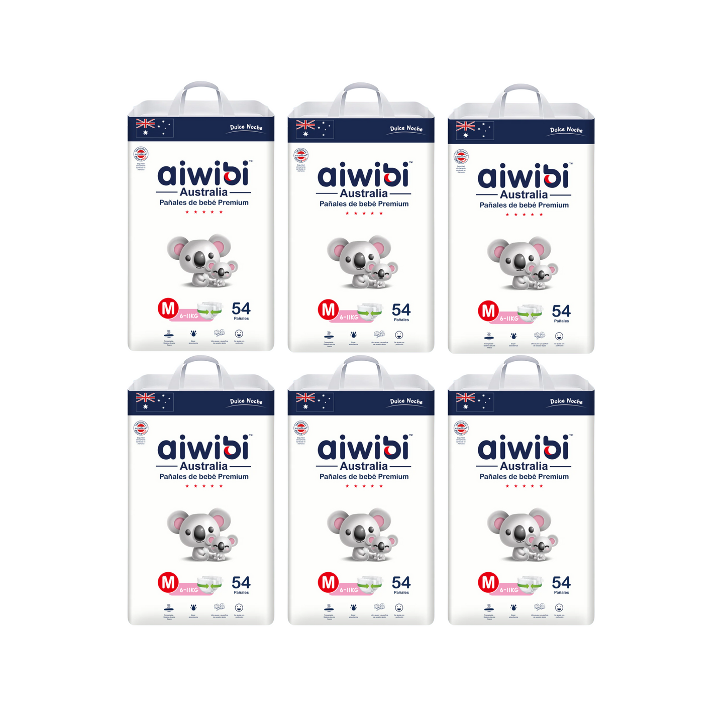 Pack 6 paquetes Pañales Aiwibi Dulce Noche talla M
