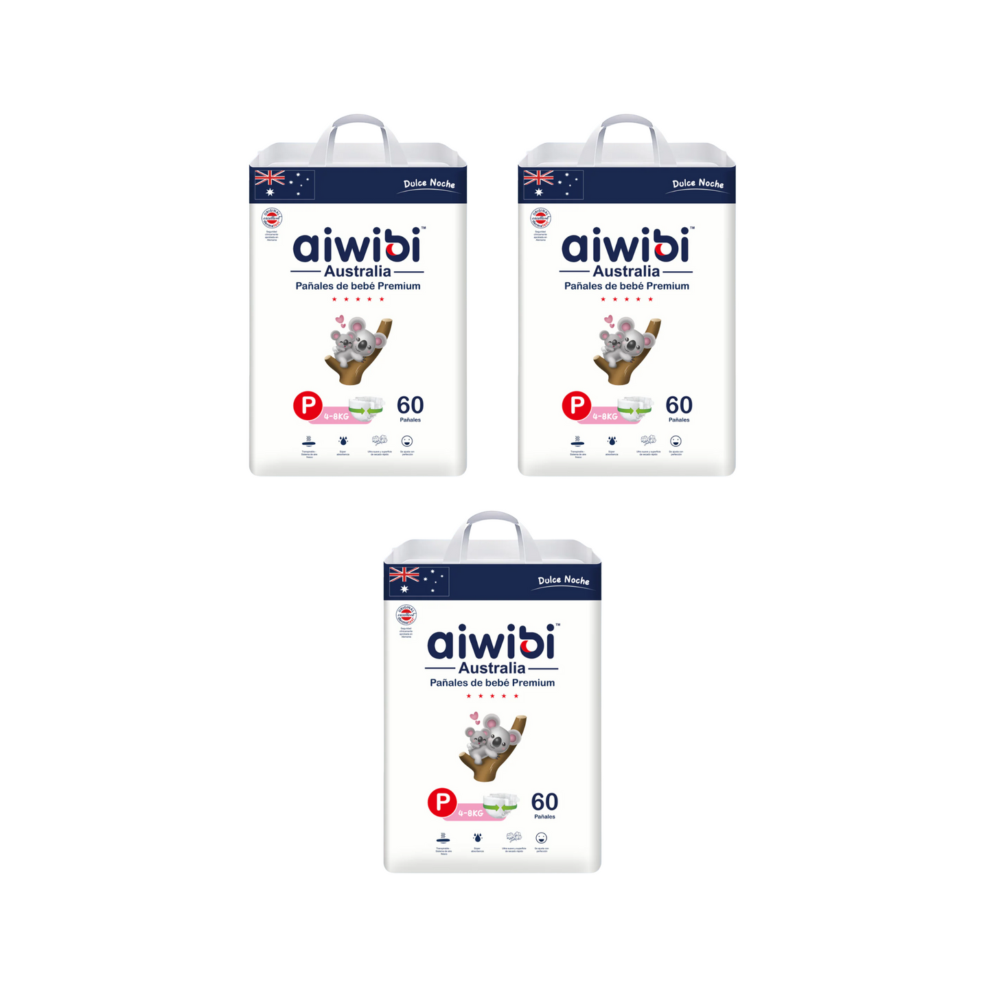 Pack 3 Paquetes Pañales Aiwibi Dulce Noche Talla P