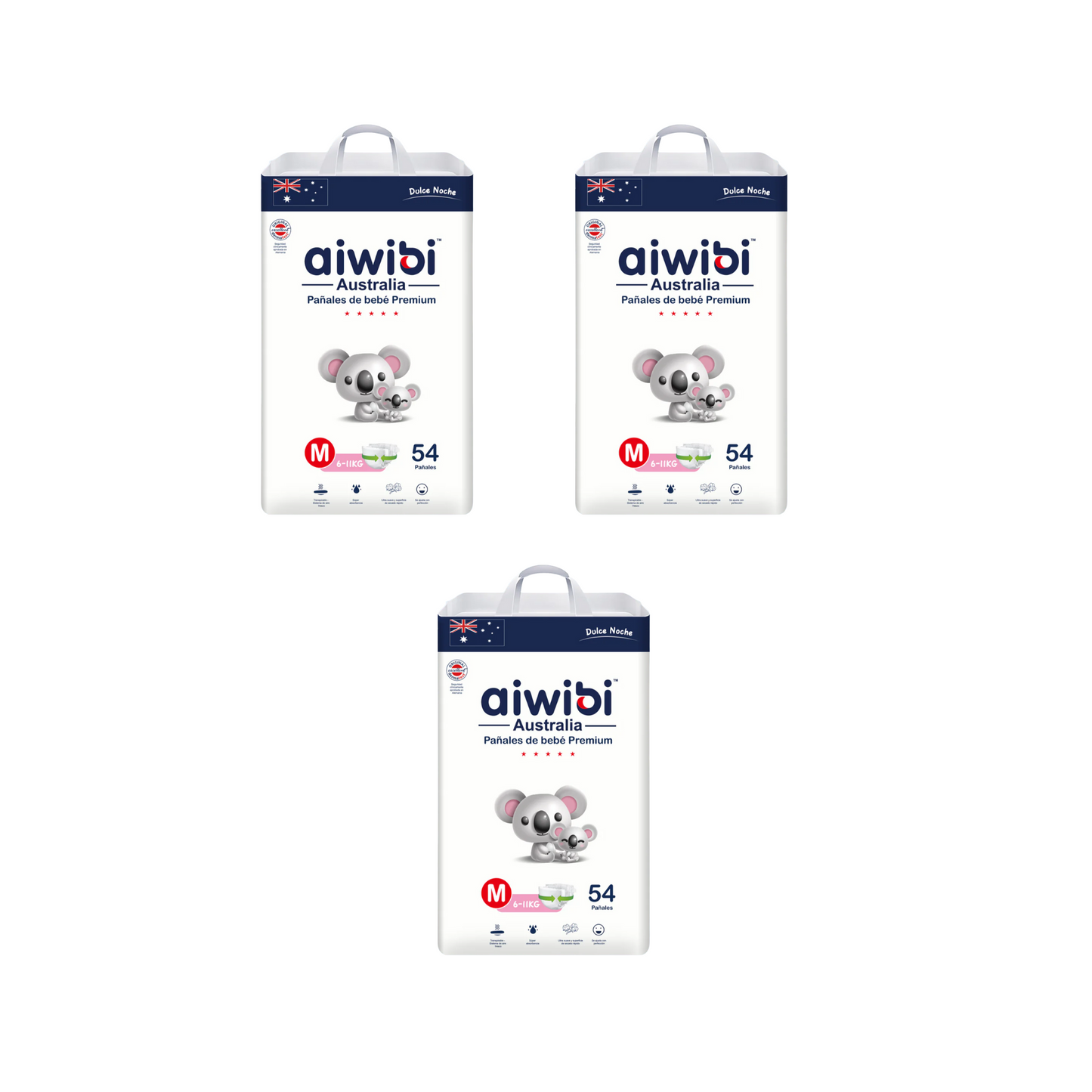Pack 3 paquetes Pañales Aiwibi Dulce Noche Talla M