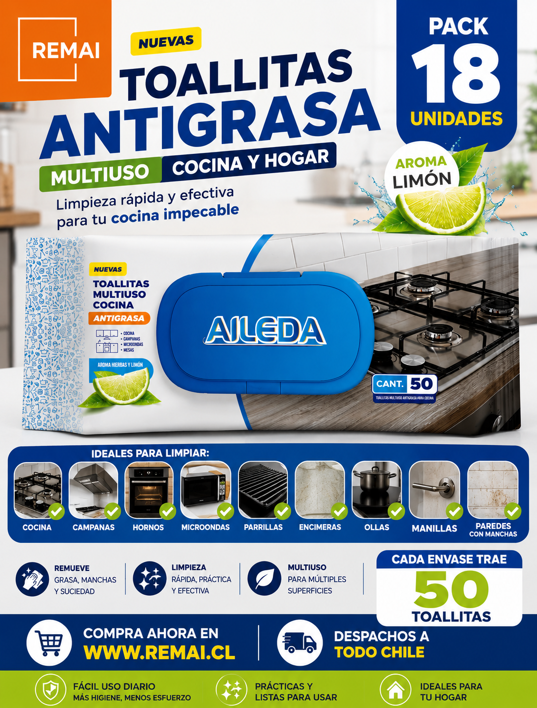Toallitas Húmedas Cocina Antigrasa Desengrasante 50un