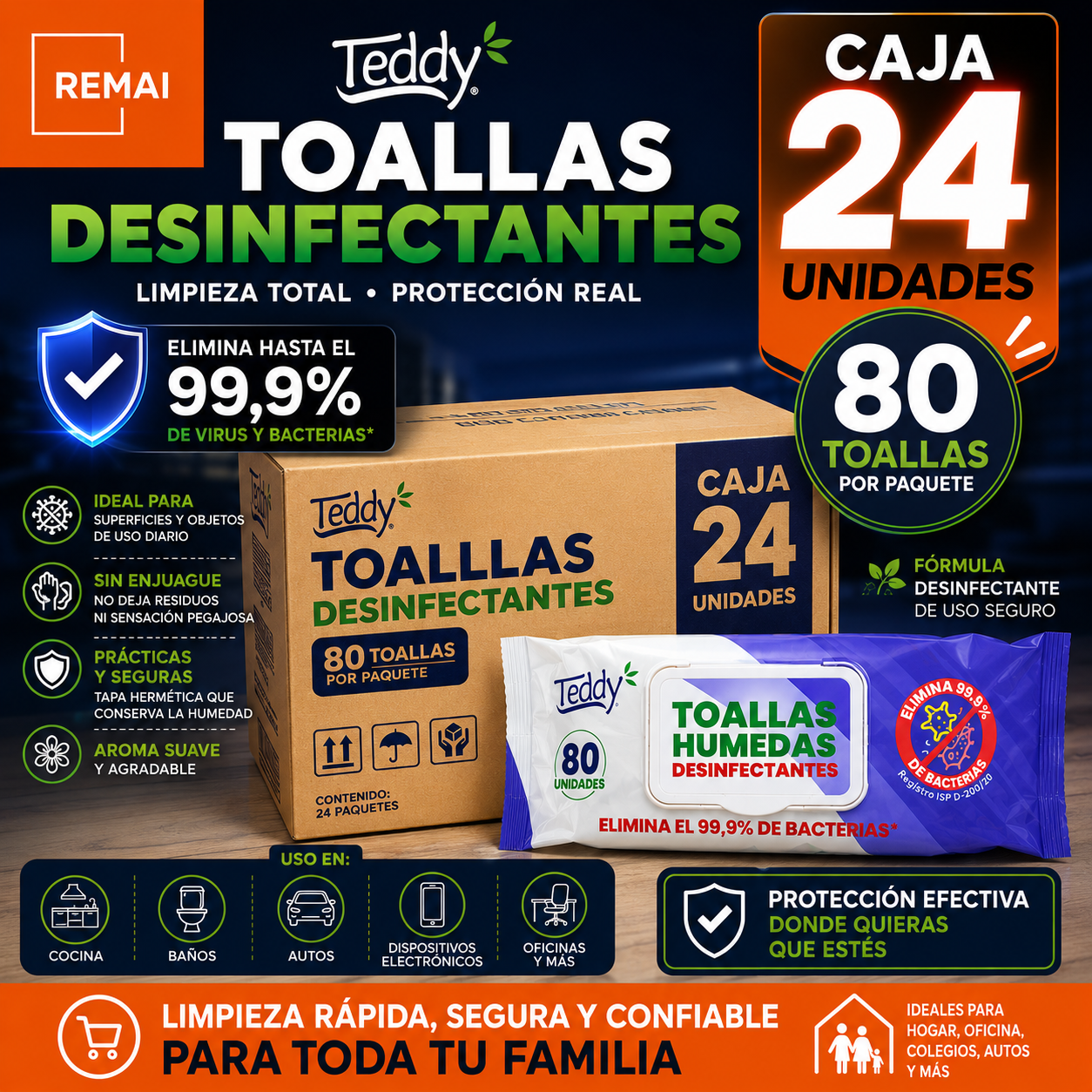 Toallas Desinfectantes Teddy 80 Unid Limpieza Total