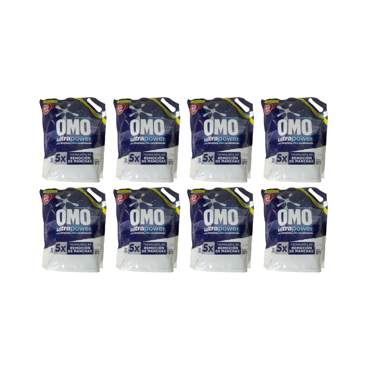Pack 8 Detergentes Liquido Omo Ultrapower Recarga Doypack 3lt cada uno.