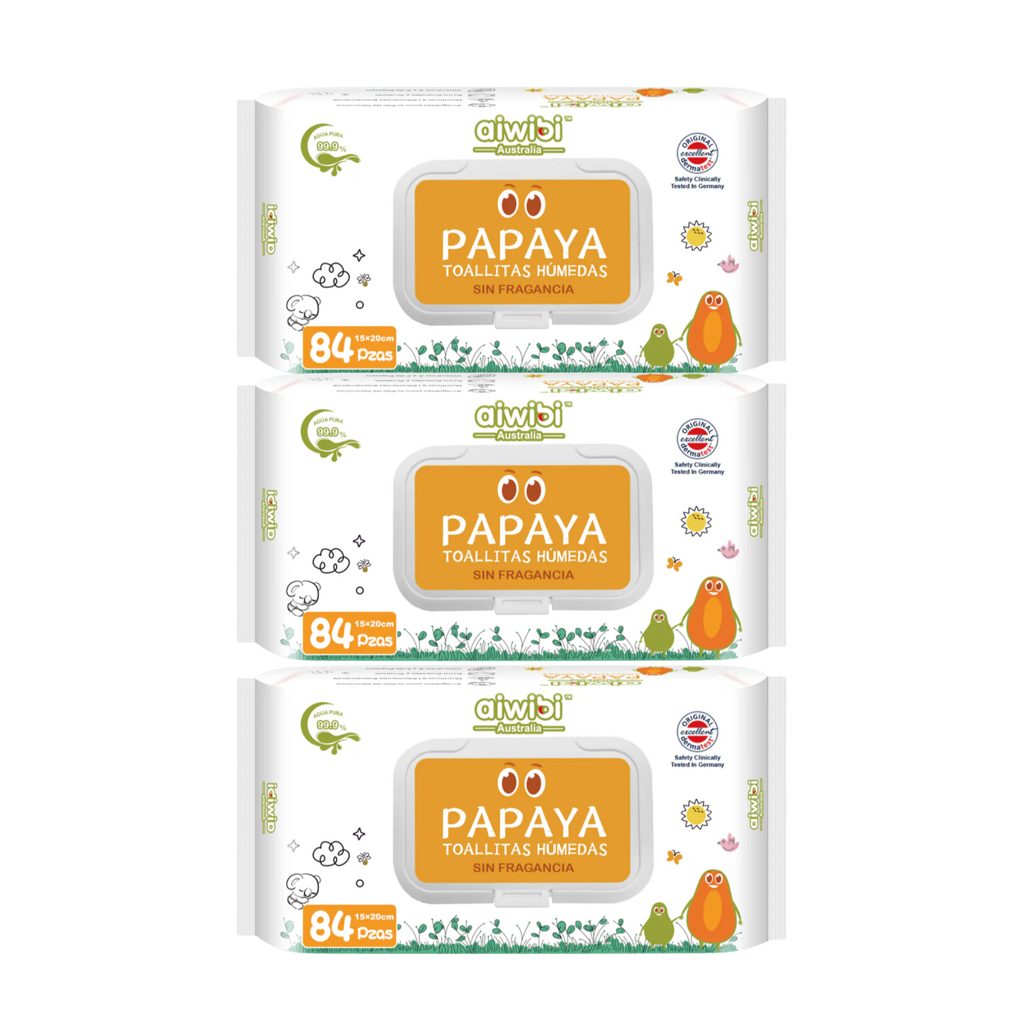 Pack 3 Toallitas Húmedas Aiwibi 252u Papaya con Agua de Manantial