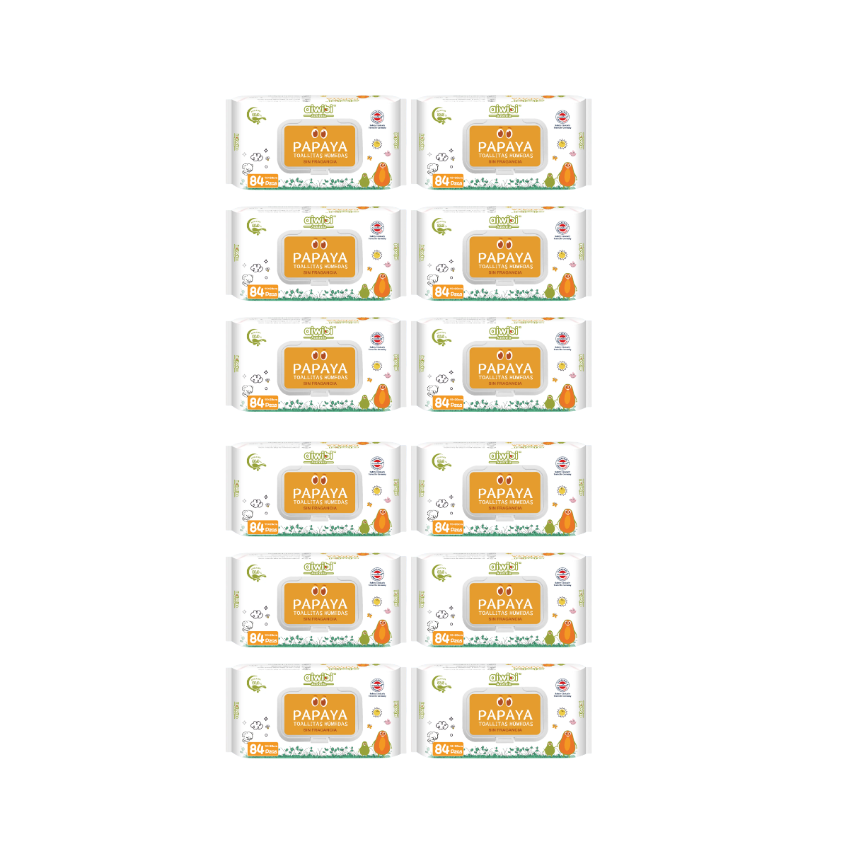 Pack 12 Paquetes Toallitas Aiwibi 99.9% Agua Con Fibra De Papaya.