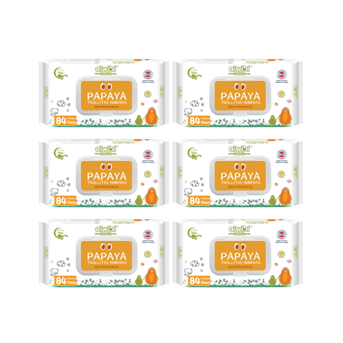 Pack 6 paquetes Toallitas Aiwibi 99.9% Agua Con Fibra De Papaya.