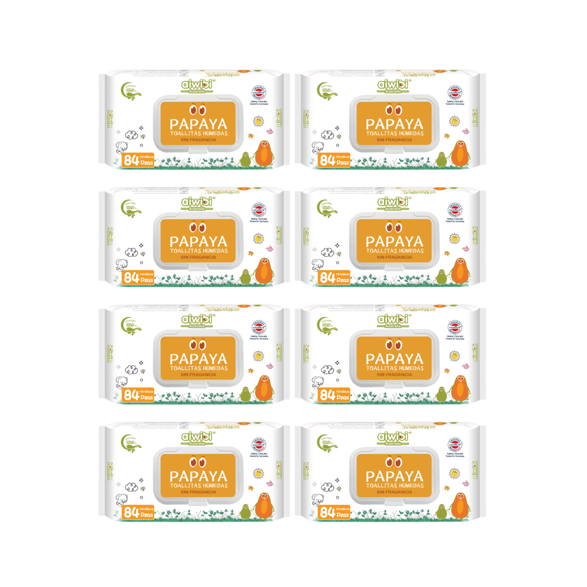 Pack 8 Paquetes Toallitas Aiwibi 99.9% Agua Con Fibra De Papaya.