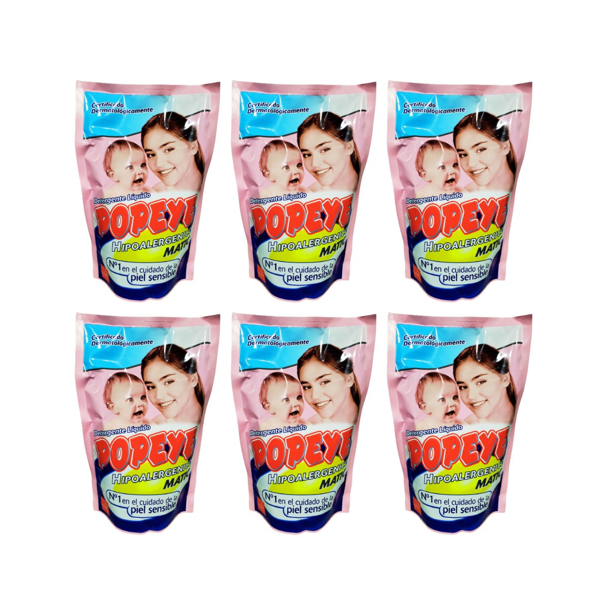 Pack 6 Detergentes Liquido Popeye Hipoalergénico 800ml cada uno.