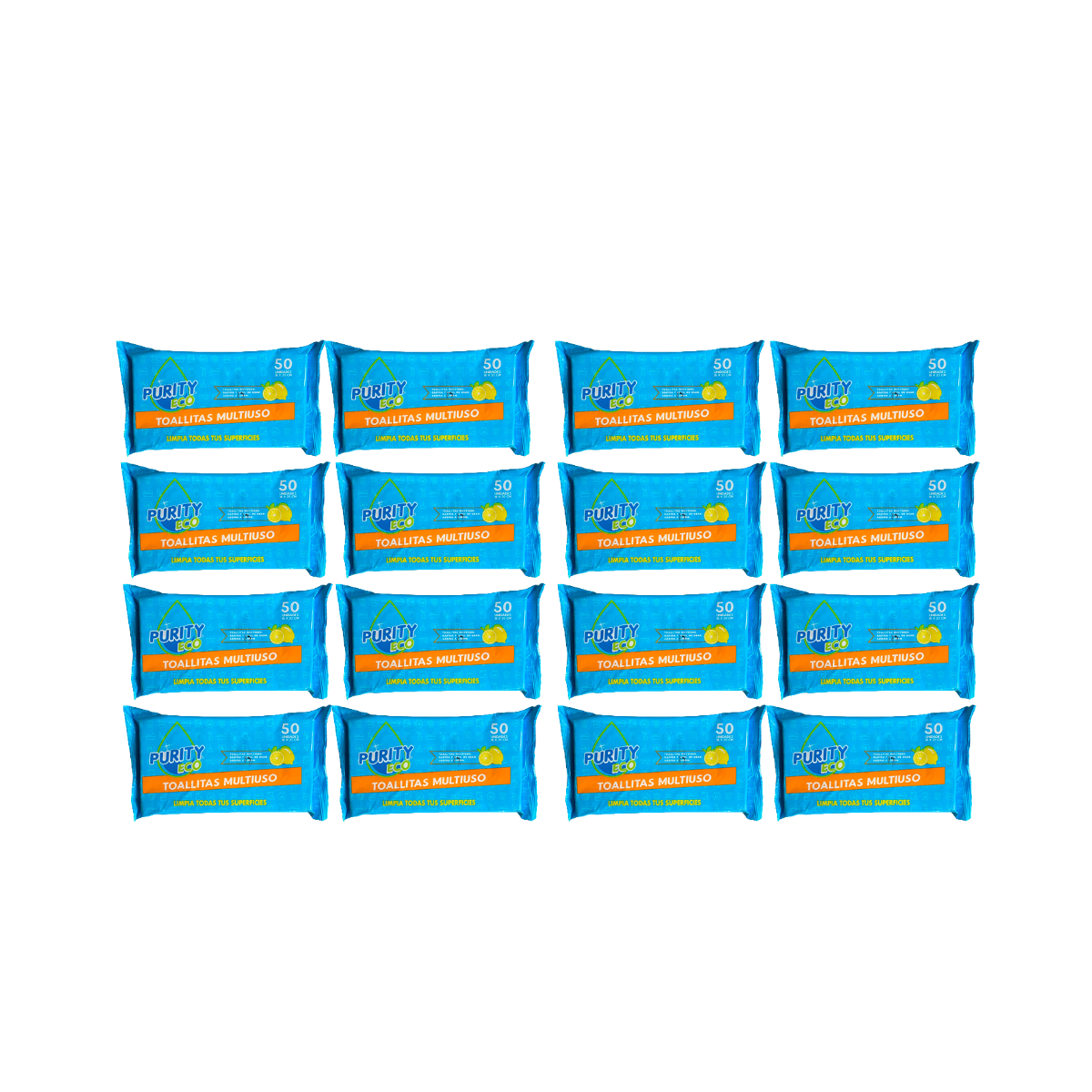 Pack 16 Toallitas Desinfectantes Multiuso PurityEco 50u por paquete.