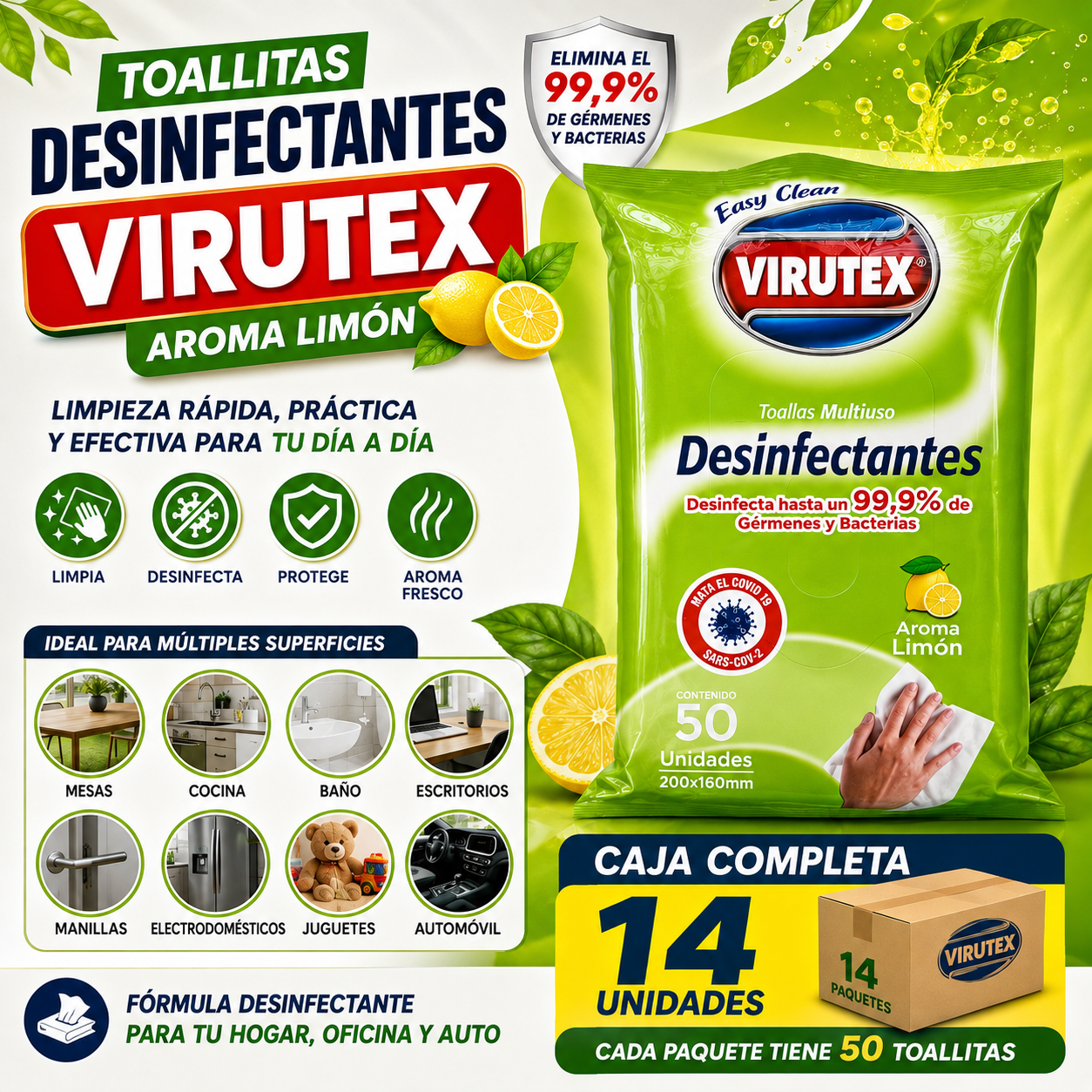Paquete Toallitas Desinfectantes Virutex Limón 50u cu