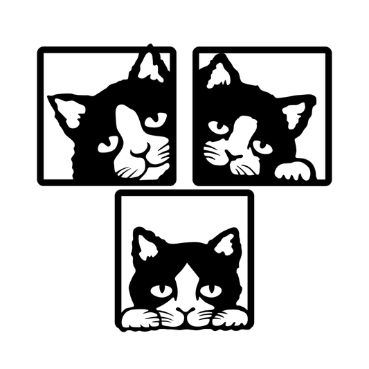 Tríptico Gatos Curiosos MDF Negro 3 Cuadros 29x29 Decoración Moderna