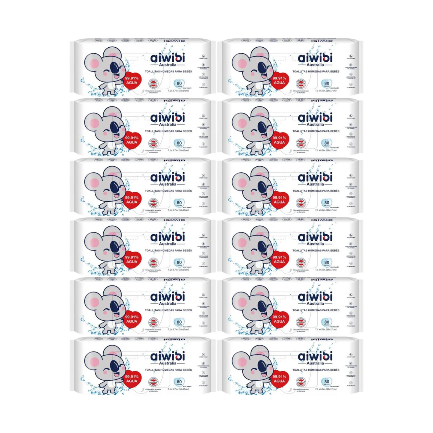 Caja 12 Paquetes Toallitas Aiwibi 99.91% Agua Pura