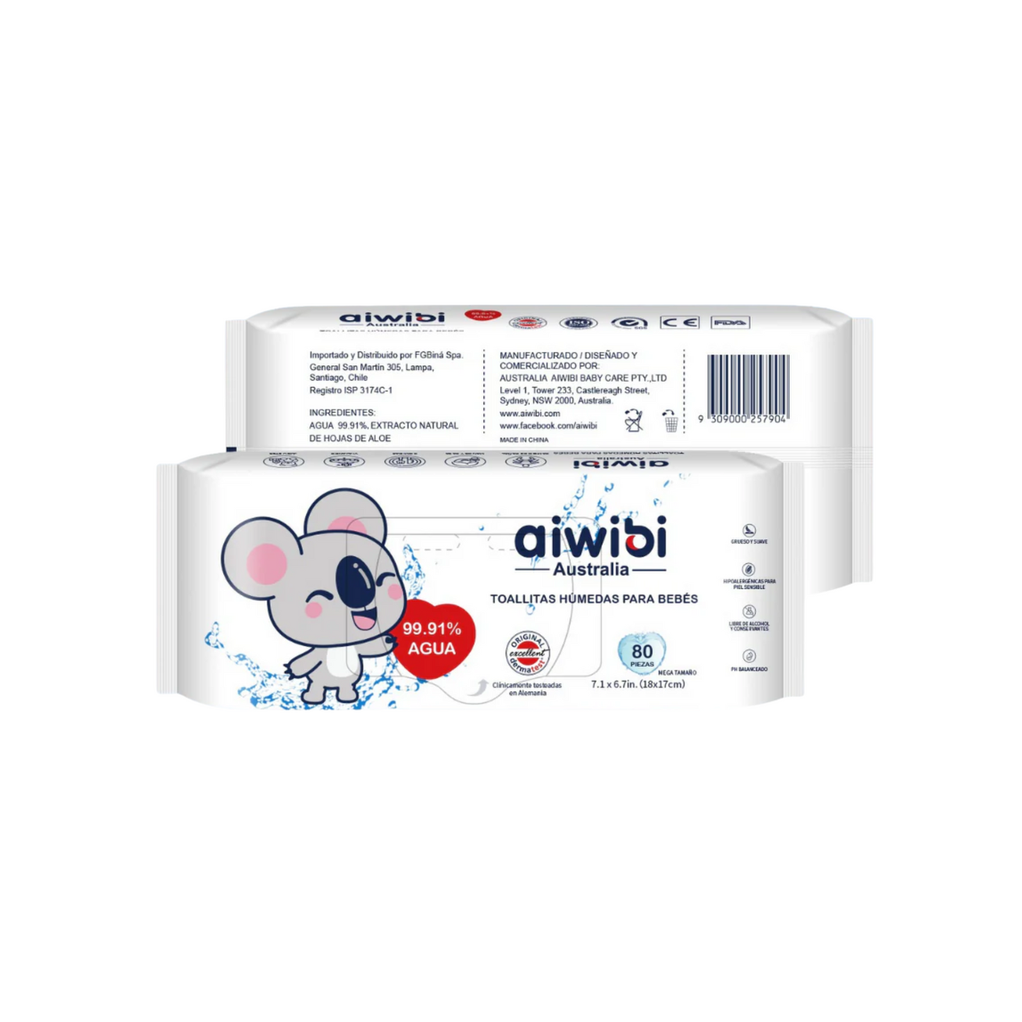Toallitas Húmedas Aiwibi 80 unidades 99.91% de agua.