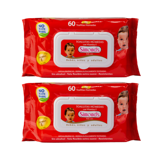 Pack 2 Toallitas Húmedas Simonds Baby Care 60un ,  Hipoalergénicas.