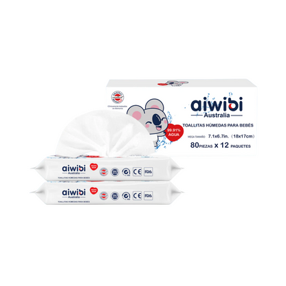 Caja 12 Paquetes Toallitas Aiwibi 99.91% Agua Pura