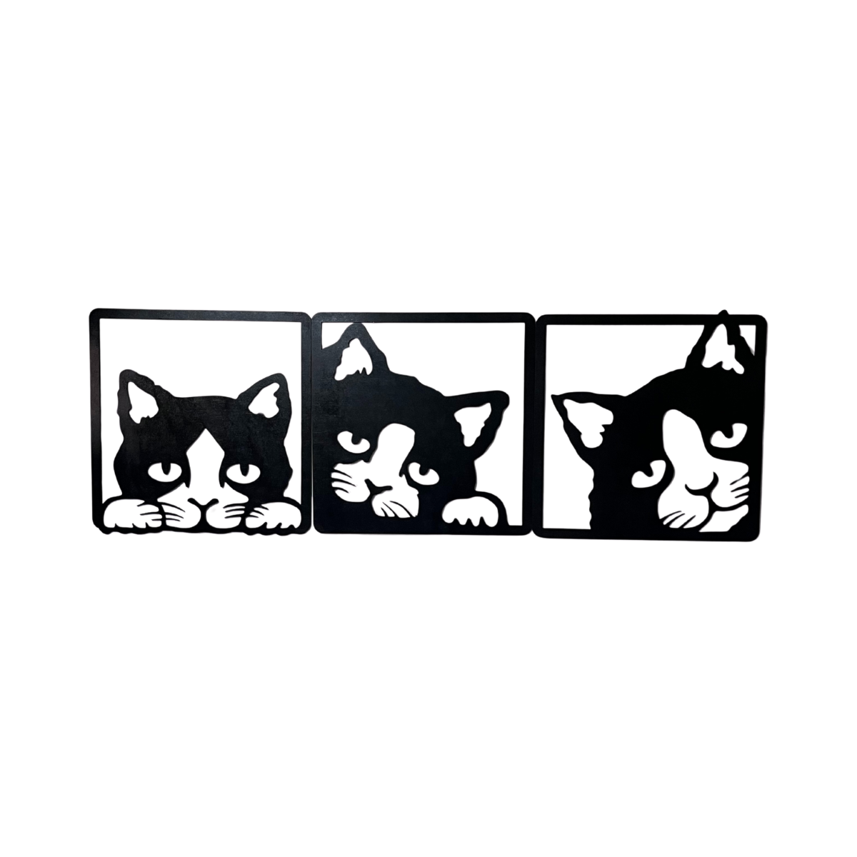 Tríptico Gatos Curiosos MDF Negro 3 Cuadros 29x29 Decoración Moderna