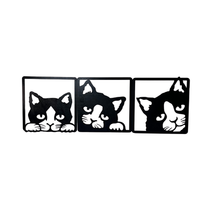 Tríptico Gatos Curiosos MDF Negro 3 Cuadros 29x29 Decoración Moderna