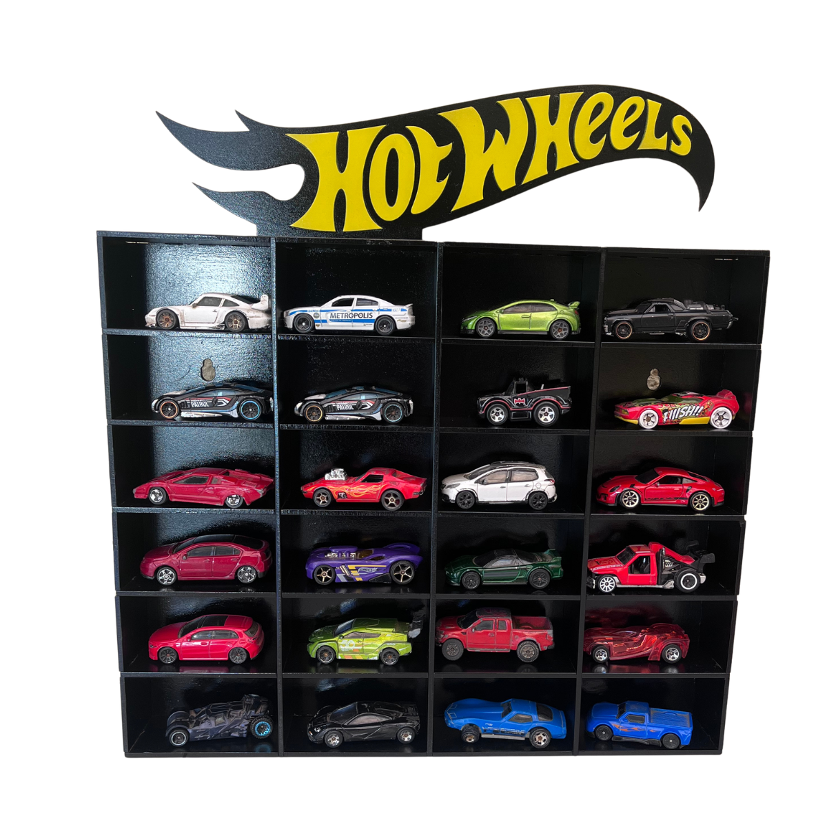Repisa 24 Autos Hot Wheels - Negro con Letras Amarillas