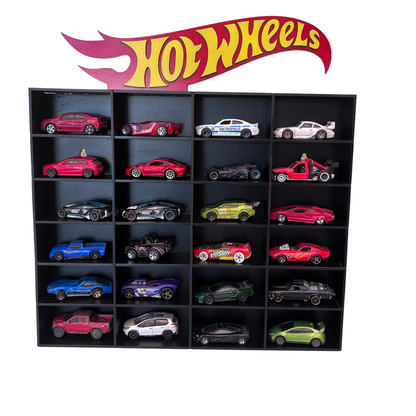 Repisa 24 Autos Hot Wheels - Negro con Letras Amarillas y Fondo Rojo
