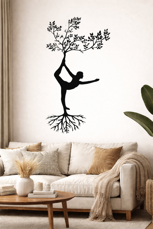 Cuadro Decorativo Mujer Yoga En Árbol Negro Mdf 59x31 Cm
