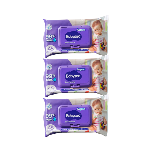 Pack 3 paquetes Toallitas Húmedas Babysec Hipoalergénicas Aloe Vera 45u por paquete.