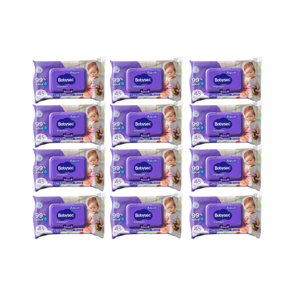 Pack 12 paquetes Toallitas Húmedas Babysec Hipoalergénicas Aloe Vera 45u por paquete.