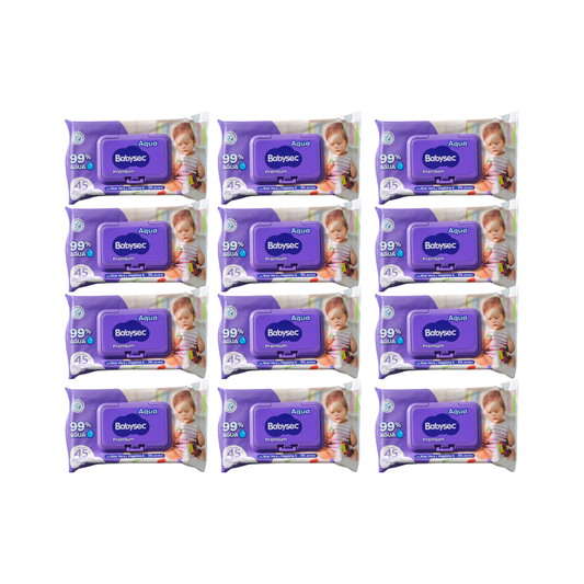 Pack 12 paquetes Toallitas Húmedas Babysec Hipoalergénicas Aloe Vera 45u por paquete.