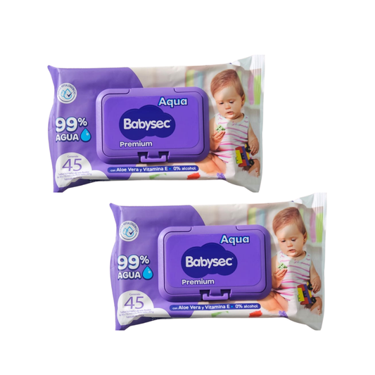 Pack 2 paquetes Toallitas Húmedas Babysec Hipoalergénicas Aloe Vera 45u por paquete.