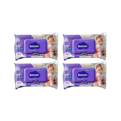 Pack 4 paquetes Toallitas Húmedas Babysec Hipoalergénicas Aloe Vera 45u por paquete.