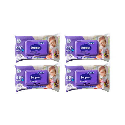 Pack 4 paquetes Toallitas Húmedas Babysec Hipoalergénicas Aloe Vera 45u por paquete.