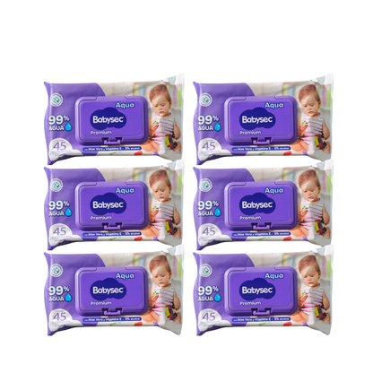 Pack 6 paquetes Toallitas Húmedas Babysec Hipoalergénicas Aloe Vera 45u por paquete.
