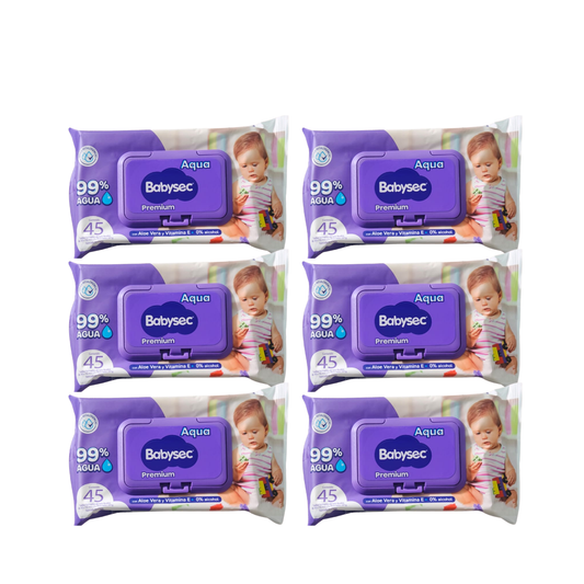 Pack 6 paquetes Toallitas Húmedas Babysec Hipoalergénicas Aloe Vera 45u por paquete.