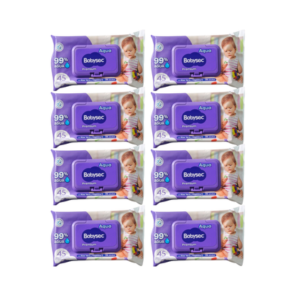Pack 8 paquetes Toallitas Húmedas Babysec Hipoalergénicas Aloe Vera 45u por paquete.