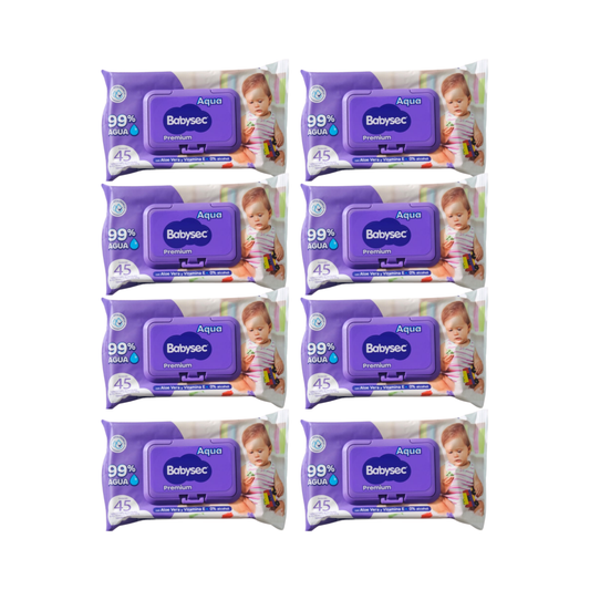 Pack 8 paquetes Toallitas Húmedas Babysec Hipoalergénicas Aloe Vera 45u por paquete.
