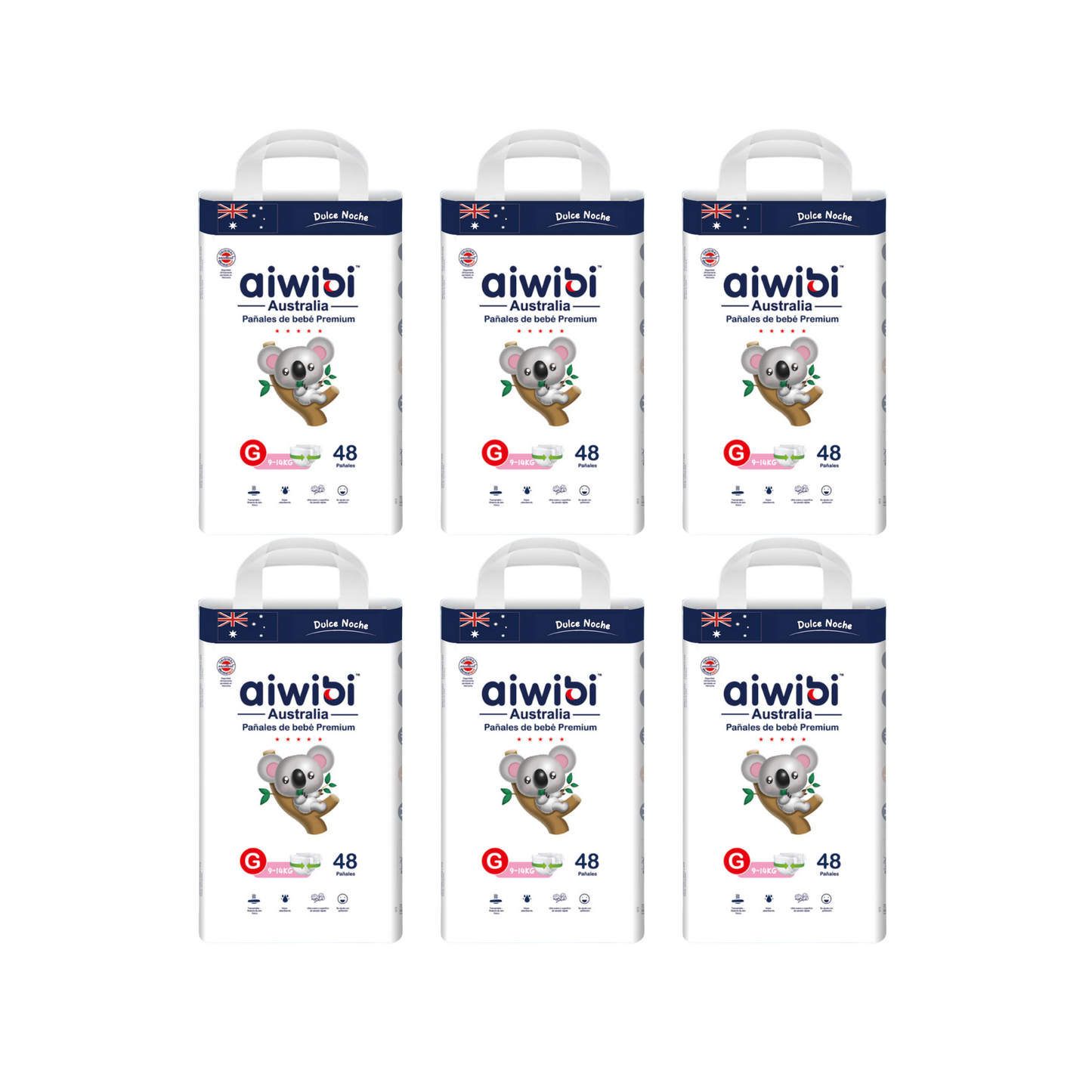 Pack 6 paquetes Pañales Aiwibi Dulce Noche Talla G