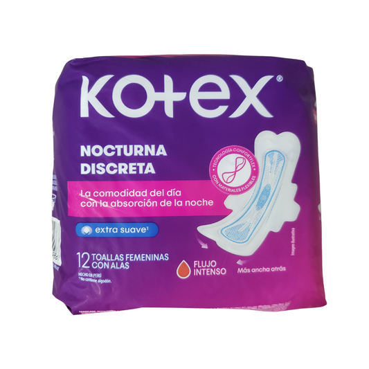 Toallitas Higiénicas Kotex Nocturna Discretas 12 Unidades
