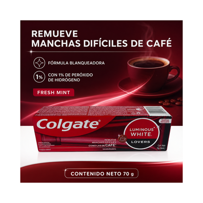 Pasta Dental Colgate Luminous White  Lovers  Blanquea Manchas Café 70gr