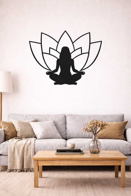Cuadro Mujer Meditando Flor De Loto Mdf Negro 39x40 Cm