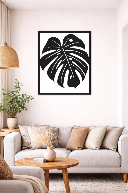 Cuadro Decorativo Hoja Monstera Silueta Negra Mdf 36x59 Cm