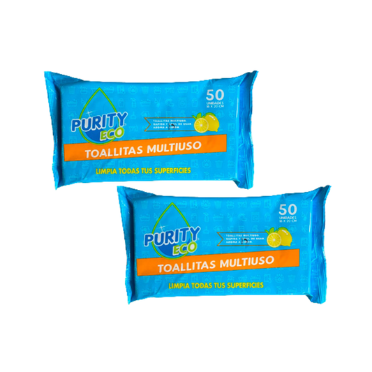 Pack 2 Toallitas Desinfectantes Multiuso PurityEco 50 Unidades por paquete.