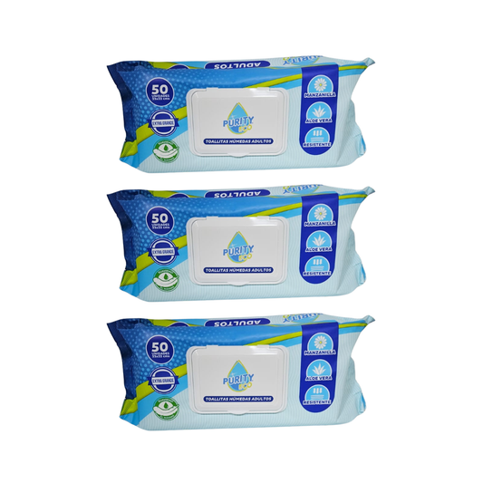 Pack 3 Toallitas Húmedas Adulto Purity Eco 50 Un , Extra Grande.